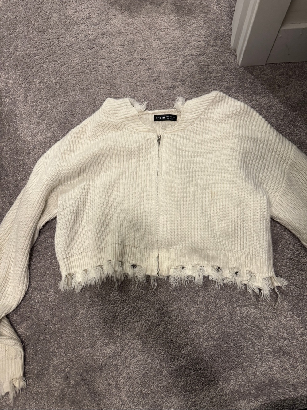 SHEIN White Distressed Zip-Front Cropped Sweater